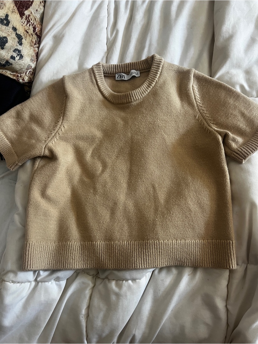 Zara Beige Knit Short-Sleeve Top
